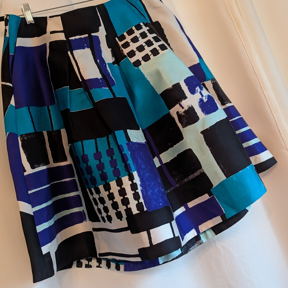 Geometric Print Skater Skirt in Blue and Black